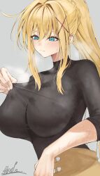 1girl absurdres artist_name black_bodysuit blonde_hair blue_eyes blush bodysuit breasts closed_mouth darkness_(konosuba) dripping full_body grey_background hair_between_eyes hair_ornament highres hot kono_subarashii_sekai_ni_shukufuku_wo! large_breasts long_hair looking_at_viewer marbo_(saico556) ponytail ponytail_with_braided_base signature simple_background solo standing steaming_body sweat sweaty_clothes x_hair_ornament