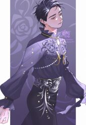 Rule 34 | 1boy, absurdres, artist name, black hair, black pants, copyright request, embroidery, floral embroidery, flower, frilled shirt collar, frills, highres, male focus, medalist (manga), mona kanakana, outside border, pants, rhinestone, rose, yellow eyes, yodaka jun