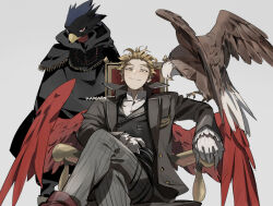 2boys animal_on_arm artist_name bird black_cloak black_coat black_vest blonde_hair boku_no_hero_academia cloak closed_mouth coat commentary crossed_legs eagle english_commentary facial_hair feathered_wings gloves goatee_stubble grey_background grey_pants hawks_(boku_no_hero_academia) hood hood_down hooded_cloak kadeart looking_at_viewer male_focus multiple_boys pants perching pinstripe_pants pinstripe_pattern red_eyes sitting smile stubble tokoyami_fumikage vest white_gloves wings yellow_eyes
