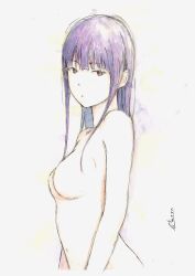 Rule 34 | 1girl, absurdres, bbmasa, blunt bangs, breasts, closed mouth, commentary, hibike! euphonium, highres, liz to aoi tori, long hair, looking at viewer, medium breasts, no nipples, nude, purple hair, red eyes, signature, solo, traditional media, upper body, yoroizuka mizore