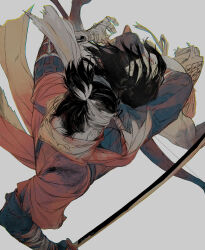 2boys absurdres ashina_genichirou bandaged_arm bandages black_hair blue_pants from_above from_behind grey_background highres holding holding_sword holding_weapon japanese_clothes katana male_focus multiple_boys open_mouth pants piyomotsu prosthesis prosthetic_arm red_shirt sekiro sekiro:_shadows_die_twice shirt short_hair simple_background sword teeth weapon