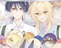 ! !! 2boys 3girls ? ?? ^^^ aether_(genshin_impact) alternate_costume animal_costume arataki_itto bear_costume blonde_hair blue_sweater_vest blunt_ends blush casual character_doll character_request closed_mouth collared_shirt contemporary crane_game doll eyelashes facing_another genshin_impact green_shirt green_sleeves hair_between_eyes highres holding holding_stuffed_toy horns index_finger_raised indoors klee_(genshin_impact) koyaaya kujou_sara long_sleeves lumine_(genshin_impact) multiple_boys multiple_girls open_mouth purple_eyes purple_hair red_horns scaramouche_(genshin_impact) shirt short_hair short_hair_with_long_locks sidelocks slime_(genshin_impact) spoken_exclamation_mark spoken_question_mark stuffed_animal stuffed_toy surprised sweat sweater_vest tartaglia_(genshin_impact) teddy_bear teeth twitter_username upper_teeth_only venti_(genshin_impact) white_hair white_shirt white_sleeves wispy_bangs yellow_eyes