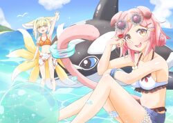 2girls :d absurdres animal_ears anime_coloring arknights ball beach beachball bikini blonde_hair blue_hairband caustics cloud commentary_request day eyewear_on_head floral_print floral_print_sarong frilled_bikini frills goldenglow_(arknights) goldenglow_(summer_flowers)_(arknights) hair_ornament hairband hairclip head_rest highres looking_at_viewer multicolored_hair multiple_girls multiple_tails navel ocean official_alternate_costume open_mouth orange_bikini outdoors outstretched_arm partial_commentary pink_hair pink_tail print_sarong round_eyewear sarong short_hair simple_bird sitting smile sparkle standing streaked_hair swimsuit tail toppupan water waving_arm wet white_bikini white_hair white_sarong yellow_eyes yellow_tail