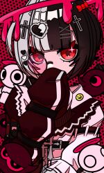 1girl angel_and_devil black_hair black_jacket cross_hair_ornament glasses grey_hair hair_ornament halo heart heart_hair_ornament highres jacket liquid_halo looking_at_another multicolored_hair multicolored_jacket original red_eyes red_halo solo split-color_hair two-tone_hair two-tone_jacket white_jacket yuvur1