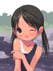 Rule 34 | 0123456789, 1girl, ;d, black one-piece swimsuit, female focus, one-piece swimsuit, one-piece tan, one eye closed, open mouth, original, school swimsuit, smile, solo, swimsuit, tan, tanline, twintails