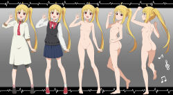 1girl :d ahoge arm_up ass barefoot beamed_eighth_notes blonde_hair blue_skirt bocchi_the_rock! bow bowtie breasts commentary_request completely_nude detached_ahoge dress eighth_note feet full_body gradient_background grey_background hand_up highres ijichi_nijika long_hair multiple_views musical_note nanikairu no_nipples no_pussy nude one_side_up open_mouth paid_reward_available pleated_skirt polka_dot_bowtie red_bow red_bowtie red_eyes red_shoes school_uniform shimokitazawa_high_school_uniform shoes side_ponytail skirt small_breasts smile soles solo thighs toes treble_clef waving white_dress