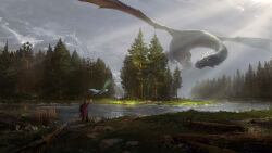 1boy absurdres animal arm_up bird black_pants brown_hair cape cloud cloudy_sky commentary day dragon english_commentary fantasy flying fog forest full_body grey_scales grey_sky highres holding holding_shield krita_(medium) landscape light_rays log mountainous_horizon nature original outdoors owl pants philipp_urlich pine_tree red_cape red_shirt rock scenery shield shirt short_hair sky standing stream sunbeam sunlight tree water western_dragon wide_shot yellow_eyes