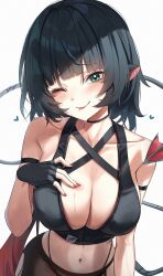 ;p absurdres animal_ears arm_strap black_choker black_gloves blunt_bangs blush breasts choker collarbone ear_piercing fingerless_gloves gloves green_eyes heart highres jane_doe_(zenless_zone_zero) kimae large_breasts looking_at_viewer mouse_ears mouse_tail navel one_eye_closed pantyhose piercing pink_hair short_hair sweatdrop tail thong tongue tongue_out torn_clothes torn_pantyhose white_background zenless_zone_zero
