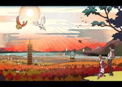 1boy 1girl backpack bad_id bad_pixiv_id bag baseball_cap bird building commentary_request creatures_(company) day domu_(hamadura) dragonite female_protagonist_(pokemon_go) fingerless_gloves game_freak gen_1_pokemon gen_2_pokemon gloves grass gyarados hand_in_pocket hat ho-oh hood hood_down hoodie legendary_pokemon letterboxed lugia male_protagonist_(pokemon_go) mountainous_horizon nintendo on_head outdoors pants pidgey pokemon pokemon_(creature) pokemon_go pokemon_on_head silhouette sitting standing sun tower tree