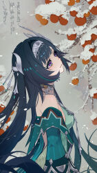 1girl absurdres ai_dongdong bare_shoulders black_hair china_dress chinese_clothes detached_sleeves dress floating_hair from_side genshin_impact green_dress hairband highres lan_yan_(genshin_impact) long_hair long_sleeves looking_to_the_side looking_up metal_hairband multicolored_eyes parted_lips silver_hairband smile solo