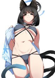 1girl animal_ear_fluff animal_ears bikini black_choker black_eyes black_hair blue_archive blue_bikini blue_haori cameltoe cat_ears cat_girl cat_tail choker closed_mouth covered_erect_nipples from_below fu-ta haori highres japanese_clothes kikyou_(blue_archive) kikyou_(swimsuit)_(blue_archive) looking_at_viewer multiple_tails navel official_alternate_costume short_hair solo stomach swimsuit tail two_tails