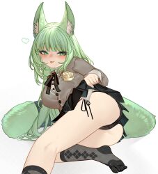 Rule 34 | 1girl, :p, animal ear fluff, animal ears, arknights, ass, black panties, black skirt, black socks, blunt bangs, blush, breasts, clothes lift, commentary request, green eyes, green hair, grey jacket, harmonie (arknights), heart, highres, jacket, kneehighs, kochiya (gothope), large breasts, lifting own clothes, long hair, looking at viewer, paid reward available, panties, pleated skirt, side-tie panties, simple background, skirt, skirt lift, smile, socks, solo, tail, tongue, tongue out, underwear, white background