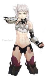 1girl abs armor boots bracer breastplate clenched_hand fate/grand_order fate_(series) fingerless_gloves gloves grey_eyes highres navel penthesilea_(fate) sweat thigh_boots tonko_from torn_clothes torn_gloves twitter_username white_background white_hair wiping_face
