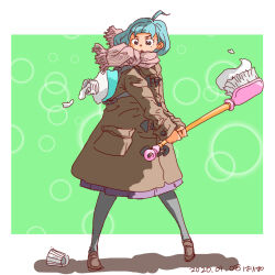 Rule 34 | 1girl, ahoge, artist name, blue hair, brown coat, brown shoes, coat, commentary request, dated, full body, green background, grey eyes, grey pantyhose, hari tabo42, holding, holding toothbrush, loafers, long sleeves, original, oversized object, pantyhose, purple skirt, scarf, shoes, skirt, solo, striped clothes, striped scarf, tareme, toothbrush, toothpaste, two-handed, v-shaped eyebrows
