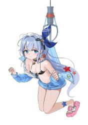 1girl :/ anchor_(innocent_maid)_(nikke) anchor_(nikke) anchor_ornament bare_shoulders bikini black_bikini black_ribbon blue_bow blue_eyes blue_hair blue_jacket blue_nails blush bow collar crane_game frilled_bikini frills front-tie_bikini_top front-tie_top full_body furrowed_brow goddess_of_victory:_nikke hair_between_eyes hair_bow hair_intakes hair_ribbon hands_up hanging highres hwengsweng jacket long_hair long_sleeves looking_back nail_polish off_shoulder pink_sandals ponytail ribbon sandals slippers solo starfish starfish_hair_ornament swimsuit toenail_polish toenails white_background