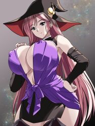 1girl black_thighhighs breasts cleavage covered_erect_nipples detached_sleeves earrings green_eyes hand_on_own_hip hat highres huge_breasts jewelry kinta-88 long_hair looking_at_viewer magical_witch_academy mole pink_hair smile solo sylvia_vesper thighhighs thighs upper_body witch_hat