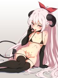 1girl arm_support bikini bikini_pull black_bikini black_gloves black_thighhighs breasts choker clothes_pull commission covered_erect_nipples demon_girl demon_tail dungeon_and_fighter elbow_gloves fellatio_gesture gloves gradient_background hair_spread_out highres horns long_hair micro_bikini navel original pink_hair pointy_ears ponytail pubic_tattoo pulling_own_clothes red_eyes sando_(dukedevil) side-tie_bikini_bottom simple_background sitting small_breasts solo string_bikini swimsuit tail tattoo thighhighs tongue tongue_out undressing very_long_hair yokozuwari
