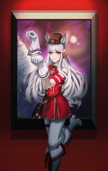 1girl animal_ears armband arms_up blunt_bangs dress earmuffs gloves gold_ship_(umamusume) green_eyes grey_hair hat high_heels highres horse_ears horse_girl horse_pose long_hair painting_(object) pantyhose parted_lips pillbox_hat pouch red_armband red_dress red_hat shoes sidelocks sleeveless sleeveless_dress solo standing standing_on_one_leg thigh_strap umamusume umapyoi_densetsu very_long_hair vimpcylin white_gloves white_pantyhose white_shoes