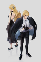 1boy 1girl ancestor_and_descendant backless_dress backless_outfit belt black_dress black_flower black_footwear black_gloves black_necktie black_pants blonde_hair closed_mouth collared_shirt cynthia_(pokemon) dress dress_shoes flower gloves grey_background grey_eyes hair_flower hair_ornament high_heels highres jacket jacket_on_shoulders long_hair necktie nintendo open_clothes open_jacket pants pokemon pokemon_dppt pokemon_legends:_arceus sakaralalala shirt simple_background v-shaped_eyebrows volo_(pokemon) wavy_hair white_shirt