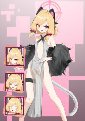 1girl absurdres alternate_costume animal_ear_headphones animal_ears bare_shoulders blonde_hair blue_archive bow breasts breasts_apart cat_ear_headphones cat_tail chinese_commentary commentary_request cowboy_shot criss-cross_halter dress evening_gown fake_animal_ears hair_bow halo halter_dress halterneck headphones highres legs_apart loli looking_at_viewer marshal_(artist) mechanical_tail medium_hair momoi_(blue_archive) multiple_expressions no_panties open_mouth pelvic_curtain pink_eyes red_bow silver_dress small_breasts smile standing tail thigh_gap thigh_strap