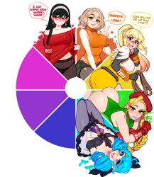 4girls :d ahoge arm_behind_back artist_logo artist_name ashley_graham ass bare_shoulders beret black_bow black_gloves black_hair black_panties black_pantyhose blonde_hair blue_eyes blue_hair blush blushyspicy bow bra_visible_through_clothes braid breasts brown_pantyhose cammy_white closed_mouth clothes_lift color_coordination color_wheel color_wheel_challenge cowboy_shot crossover darkness_(konosuba) dress earrings english_text facial_scar female_focus fingerless_gloves gloves green_eyes green_hair green_leotard grey_dress gwen_(league_of_legends) hair_bow hair_ornament hair_rings hairband hat high-waist_pantyhose highres holding holding_rope huge_ahoge jewelry kono_subarashii_sekai_ni_shukufuku_wo! large_breasts league_of_legends leotard lifting_own_clothes logo long_hair looking_at_viewer looking_back matching_hair/eyes medium_breasts multicolored_hair multiple_crossover multiple_drawing_challenge multiple_girls narrow_waist necklace off-shoulder_dress off-shoulder_sweater off_shoulder open_mouth panties panties_under_pantyhose pantyhose ponytail red_dress red_eyes red_gloves red_headwear red_sweater resident_evil resident_evil_4 rope scar scar_on_cheek scar_on_face short_hair skort sleeveless sleeveless_turtleneck smile speech_bubble spy_x_family street_fighter street_fighter_ii_(series) surprised sweater sweater_dress sweater_lift thighs thong thong_leotard torn_clothes torn_pantyhose turtleneck twin_braids underwear unfinished v very_long_hair watermark web_address white_hairband x_hair_ornament yor_briar