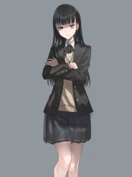1girl absurdres amagami ayatsuji_tsukasa black_bow black_bowtie black_eyes black_hair black_jacket black_sailor_collar black_skirt blank_eyes blazer blunt_bangs bow bowtie brown_cardigan cardigan closed_mouth crossed_arms grey_background grey_skirt highres jacket kibito_high_school_uniform long_hair long_sleeves looking_at_viewer pleated_skirt sailor_collar sanpaku school_uniform simple_background skirt solo standing straight_hair wagirioni winter_uniform