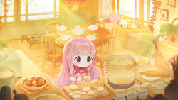 1girl ^_^ absurdres ahoge animal artist_request bamboo_steamer basket blunt_bangs book bow bowl bowtie brown_eyes calendar_(object) carpet cat chibi child&#039;s_drawing chinese_new_year closed_eyes closed_mouth clothed_animal colored_pencil cooking cutting_board day dot_nose dress dress_ribbon ear_covers eyelashes fish_(food) food food_request frilled_sleeves frills fruit happy highres holding holding_food hood hood_up indoors kitchen ladle lantern lemon lemon_slice lettuce light_blush light_particles light_rays long_hair long_sleeves looking_at_food lying momo_(nikki) nikki_(nikki) nikki_(series) official_art on_stomach open_book open_mouth paper_lantern pencil photo_(object) picture_frame pinafore_dress pink_dress pink_hair plaid_clothes plaid_dress plant potted_plant red_bow red_bowtie red_ribbon ribbon rolling_pin saucer second-party_source shining_nikki shirt sidelocks sleeveless sleeveless_dress smile spoon steam steamed_bun sunlight table tareme teapot tile_floor tiles towel very_long_hair wavy_hair whiskers white_cat white_shirt yellow_hood