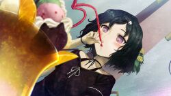 1boy black_hair black_ribbon black_shirt blurry blurry_foreground blush bob_cut bouquet bracelet casual cat-shaped_food chocolate choker collarbone cream dessert drink drinking drinking_straw drinking_straw_in_mouth dutch_angle flower food fruit game_cg goth_fashion hair_ornament hairclip happy highres holding holding_drinking_straw huke ice_cream jewelry leaf lemon lemon_slice looking_at_food multiple_scoops non-web_source official_art parfait parted_lips pink_eyes pink_lips puffy_short_sleeves puffy_sleeves ribbon ribbon_choker ringed_eyes shiny_lips shirt short_sleeves skull_hair_ornament solo square_pupils steins;gate steins;gate:_my_darling&#039;s_embrace strawberry sundae surprised tank_top trap urushibara_ruka whipped_cream white_ribbon white_stripes