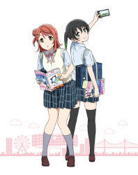 2girls :o artbook bag black_hair black_thighhighs blue_shirt braid braided_bun cellphone collared_shirt gradient_hair green_eyes green_hair grey_socks hair_between_eyes hair_bun hair_ornament hairclip highres holding holding_phone loafers looking_at_viewer looking_back love_live! love_live!_nijigasaki_high_school_idol_club medium_hair multicolored_hair multiple_girls neck_ribbon nijigasaki_school_uniform non-web_source official_art phone pink_hair pink_ribbon plaid_clothes plaid_skirt pleated_skirt ribbon school_bag school_uniform shirt shoes short_sleeves single_side_bun skirt smartphone smile socks standing summer_uniform sweater_vest takasaki_yu thighhighs twintails two-tone_hair uehara_ayumu vest white_shirt yellow_eyes zettai_ryouiki