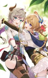 2girls :d ahoge artist_collaboration atelier_(series) atelier_resleriana belt blonde_hair blue_eyes blurry blurry_background braid breasts broken_horn choker cowboy_shot demon_horns detached_sleeves gloves hair_between_eyes hair_ornament hairclip hat highres horns hug leaf long_hair long_sleeves looking_at_viewer multicolored_hair multiple_belts multiple_girls non-web_source official_art open_mouth outstretched_arm partially_fingerless_gloves pink_choker pink_hat pouch purple_hair reaching reaching_towards_viewer resna_sternenlicht sideboob smile standing thigh_pouch tokki two-tone_hair umiu_geso valeria_(atelier)