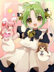3girls :d ahoge animal_ears animal_hat apron bell black_bow black_bowtie black_dress blue_skirt blush bow bowtie cat_girl cat_hat cat_tail chibi commentary_request cowboy_shot curtained_hair dejiko detached_sleeves di_gi_charat dice_hair_ornament dress green_eyes green_hair green_neckerchief hair_bell hair_bow hair_ornament hat highres huwarinn99 jingle_bell long_hair looking_at_viewer maid_apron mittens multiple_girls neck_bell neckerchief open_mouth parted_bangs pink_dress pink_hair pointing pointing_at_another puchiko puffy_short_sleeves puffy_sleeves rabbit_ears rabbit_girl red_bow school_uniform shirt shooting_star_(symbol) short_hair short_sleeves skirt smile tail tail_bow tail_ornament twintails usada_hikaru very_long_hair white_apron white_hat white_mittens white_shirt x_mouth