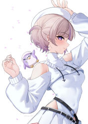 1girl absurdres arm_up banpen_(todoroki_hajime) belt beret black_belt blunt_bangs clothing_cutout commentary covered_navel detached_collar drawstring frilled_shirt_collar frills from_side gradient_hair hand_up hat highleg highleg_leotard highres hololive hololive_dev_is leotard leotard_under_clothes light_brown_hair long_sleeves looking_at_viewer multicolored_hair nassss official_alternate_costume pleated_skirt purple_eyes purple_hair short_hair shoulder_cutout shrug_(clothing) simple_background skirt solo streaked_hair todoroki_hajime two_side_up virtual_youtuber white_background white_hat white_leotard white_shrug white_skirt