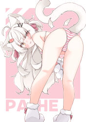 1girl :p absurdres animal_ears animal_hands ass bent_over bikini breasts carrot_hair_ornament cat_ears cat_girl cat_tail detached_wings food-themed_hair_ornament from_behind full_body gloves hair_ornament heterochromia highres long_hair looking_at_viewer minato_yu_(0514) original paw_gloves paw_shoes pink_background red_eyes simple_background small_breasts striped_bikini striped_clothes swimsuit tail tongue tongue_out two-tone_background two_side_up white_background white_hair wings yellow_eyes