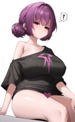 1girl absurdres arm_support belly black_shirt black_survival blush bottomless breasts censored character_request cleavage closed_mouth collarbone commentary covered_erect_nipples covered_navel dasi_(kwts3227) double_bun empty_eyes eternal_return:_black_survival expressionless hair_bun hair_intakes heart heart_censor highres huge_breasts large_breasts looking_at_viewer nia_heller no_bra no_pants oversized_clothes oversized_shirt plump print_shirt purple_eyes purple_hair shiny_skin shirt simple_background single_bare_shoulder single_off_shoulder sitting solo spoken_heart t-shirt thick_thighs thighs white_background wide_hips