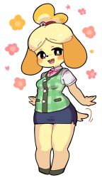 1girl animal_crossing animal_ears bell blonde_hair blue_skirt commentary dog_ears dog_girl dog_tail full_body furry furry_female green_vest happy highres isabelle_(animal_crossing) jingle_bell looking_at_viewer masha nintendo simple_background skirt smile solo standing tachi-e tail tail_wagging topknot vest white_background yellow_fur