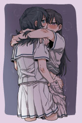 Rule 34 | 2girls, arms around neck, bang dream!, bang dream! it&#039;s mygo!!!!!, black hair, blue eyes, blush, breath, chinese commentary, commentary request, criangle k., hanasakigawa school uniform, hand on another&#039;s waist, long hair, mole, mole under eye, multiple girls, pleated skirt, purple background, purple eyes, sailor collar, school uniform, shiina taki, shirt, short sleeves, skirt, white sailor collar, white shirt, white skirt, yahata umiri, yuri