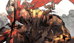 Rule 34 | 1boy, 2025, absurdres, animal skull, antlers, arknights, armor, army, dated, deer antlers, deer skull, highres, holding, holding polearm, holding weapon, horns, looking at viewer, patriot (arknights), polearm, rokunose, shoulder armor, simple background, solo focus, twitter username, weapon, white background