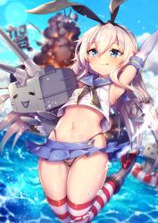 1girl :q =_= anniversary arm_up armpits black_bow black_panties blonde_hair blue_eyes blurry blush bow closed_mouth crop_top crop_top_overhang day depth_of_field elbow_gloves explosion female_focus gloves hair_bow highleg highres hip_focus holding kantai_collection lens_flare long_hair navel ocean outdoors panties red_thighhighs rensouhou-chan sailor_collar shennai_misha shimakaze_(kancolle) smile solo striped_clothes striped_thighhighs thighhighs thighs thong tongue tongue_out underwear white_gloves