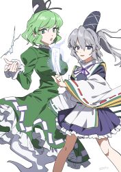 Rule 34 | 2girls, absurdres, artist name, between fingers, blue eyes, breasts, commentary, dress, electricity, electrokinesis, ghost tail, green dress, green eyes, green hair, grey hair, hat, highres, holding, japanese clothes, kariginu, long hair, long sleeves, looking at viewer, mononobe no futo, multiple girls, ofuda, ofuda between fingers, ofuda on clothes, open mouth, pom pom (clothes), ponytail, ribbon-trimmed sleeves, ribbon trim, simple background, smile, soga no tojiko, tate eboshi, touhou, uehara suiyo, white background, wide sleeves