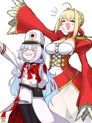 Rule 34 | 2girls, absurdres, ahoge, backpack, bag, blonde hair, blue archive, bow, braid, braided bun, breasts, buttons, cherino (blue archive), cleavage, cleavage cutout, clothing cutout, double-breasted, dress, epaulettes, fake facial hair, fake mustache, fate/grand order, fate (series), hair bun, hair intakes, hair ribbon, hat, height difference, highres, large breasts, long hair, military hat, multiple girls, nero claudius (fate), nubebenbe, open mouth, ribbon, salute, school uniform, see-through clothes, v-shaped eyebrows, voice actor connection, white hair, wide sleeves