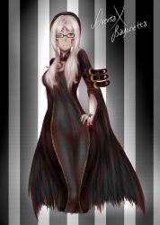 1girl alternate_costume aversa_(fire_emblem) bayonetta_(cosplay) breasts cleavage cosplay dark_skin english_text facial_hair fire_emblem fire_emblem_awakening glasses gloves highres large_breasts nintendo one_eye_closed red_eyes tagme thetictactician thick_thighs thighs white_hair wide_hips wink