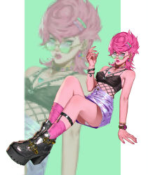 Rule 34 | 1girl, bracelet, breasts, choker, cigarette, commentary, earrings, jewelry, jojo no kimyou na bouken, necklace, pillarboxed, pink hair, solo, sunglasses, trish una, veela, vento aureo, watch, wristwatch