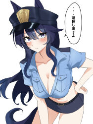 Rule 34 | 1girl, absurdres, alternate costume, animal ears, anok7456, blush, breasts, cleavage, closed mouth, collarbone, commentary request, hair between eyes, hair ornament, hat, highres, horse ears, horse girl, horse tail, long hair, looking at viewer, medium breasts, midriff, mole, mole under eye, navel, police, police hat, police uniform, policewoman, simple background, tail, umamusume, verxina (umamusume), white background