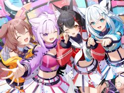 4girls :d ^_^ ahoge animal_ear_fluff animal_ears belt black_hair blue_eyes blue_jacket blunt_bangs braid brown_eyes brown_hair cat_ears closed_eyes commentary_request cropped_jacket dog_ears double-parted_bangs fox_ears hair_ornament halterneck hands_on_another&#039;s_shoulders happy_tears highres holding_hands hololive hololive_gamers hood hood_down hooded_jacket interlocked_fingers inugami_korone jacket long_hair low_twin_braids multicolored_hair multiple_girls navel neckerchief necktie nekomata_okayu official_alternate_costume one_eye_closed ookami_mio open_mouth pink_tube_top pleated_skirt pointing pointing_at_viewer purple_eyes purple_hair quilted_jacket red_jacket red_streaks shirakami_fubuki side_braid signature skirt smile strapless streaked_hair tag tears torakichi_888 tube_top twin_braids violet_viora white_hair white_necktie white_skirt wiping_tears wolf_ears x_hair_ornament
