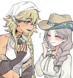 Rule 34 | +++, 2girls, :d, ^ ^, argus (reverse:1999), bare shoulders, blonde hair, blush, braid, brown hat, brown sleeves, closed eyes, closed mouth, detached sleeves, dress, facing another, grey eyes, grey hair, hair over shoulder, hand up, hat, headscarf, headwear switch, highres, ioi 33333, kayla (reverse:1999), long braid, long hair, looking at another, midriff, multiple girls, navel, open mouth, reverse:1999, scar, scar across eye, scar on face, single braid, smile, tank top, upper body, white background, white dress, white headscarf, white tank top