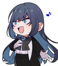 Rule 34 | 1girl, ado (utaite), black coat, black hair, blue eyes, blue hair, chando (ado), coat, colored inner hair, commentary request, gloves, long hair, mole, mole under eye, multicolored hair, music, open clothes, open coat, open mouth, riseno, simple background, singing, solo, teeth, upper teeth only, utaite, white background, white gloves