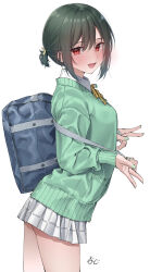 1girl absurdres alternate_costume alternate_hairstyle blush cardigan commentary double_v fang from_side green_cardigan green_hair gyaru gyaru_v hair_between_eyes highres kawai_ritsu_(rits_meg) long_sleeves looking_at_viewer love_live! love_live!_nijigasaki_high_school_idol_club mifune_shioriko open_mouth plaid_clothes plaid_skirt pleated_skirt ponytail red_eyes school_uniform shirt short_ponytail signature simple_background skin_fang skirt smile solo thighs upper_body v white_background white_shirt white_skirt