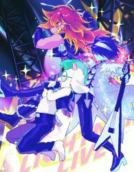 1boy 1girl 1other animal_ears aqua_skin beryllium_game colored_skin colored_teeth deltarune dinosaur_girl drumsticks furry furry_male goat_boy goat_ears green_hair highres holding holding_drumsticks horns instrument kris_(dark_world)_(deltarune) kris_(deltarune) kris_(lightners_live)_(deltarune) microphone mohawk multicolored_hair official_alternate_costume ralsei ralsei_(lightners_live) smile sparkling_clothes susie_(dark_world)_(deltarune) susie_(deltarune) susie_(lightners_live)_(deltarune) yellow_teeth