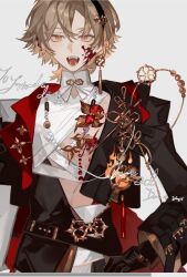 1boy belt blood blood_on_face brown_hair earrings english_text gloves hair_ornament highres jewelry liulianjingrua long_sleeves looking_at_viewer male_focus open_mouth original red_eyes shirt short_hair solo tassel tongue
