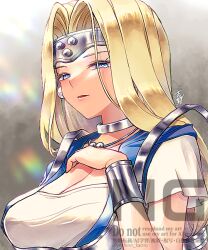 Rule 34 | 1girl, blonde hair, blue eyes, blue robe, bracer, breasts, bright pupils, choker, cleavage, commentary request, dragon quest, dragon quest vi, earrings, forehead protector, grey background, jewelry, large breasts, long hair, looking to the side, low-tied long hair, mireyu, necklace, parted hair, parted lips, partial commentary, robe, shirt, silver choker, solo, white pupils, white shirt, yoshino kaoru